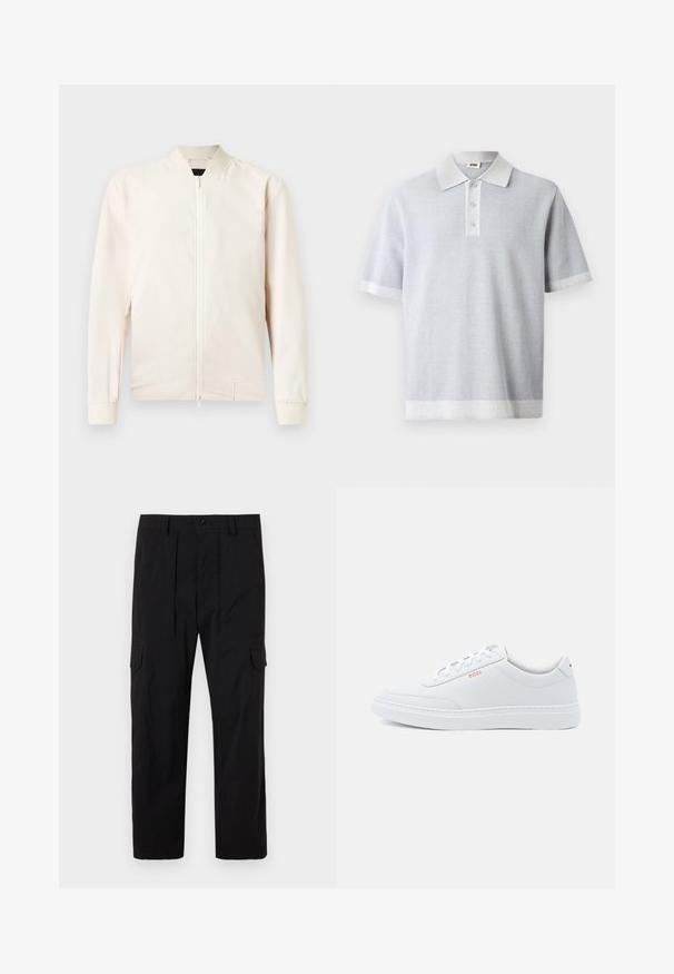 Lys beige bomberjakke med lynlås foran, ribbestrikket krave og manchetter, lavet af glat, letvægtsstof. Har sidelommer og et minimalistisk design.; Lys grå polo skjorte med struktureret mønster, korte ærmer, og en kontrasterende hvid krave og kant. Tre knaplukninger foran.; Sorte cargo bukser lavet af letvægtsstof, med lige ben design, frontfald, sidelommer og knaplukning.; Hvide lædersneakers med glat tekstur, rund tå og ton-i-ton syning. Har blå snørebånd og et gult logo på siden.