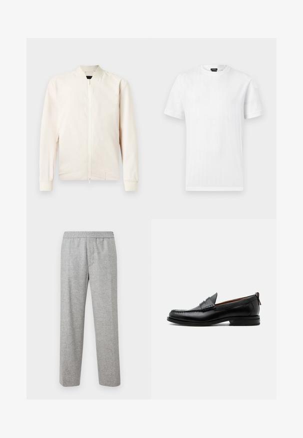 Veste bomber beige clair avec fermeture éclair à l'avant, col et poignets côtelés, fabriquée en tissu lisse et léger. Dotée de poches latérales et d'un design minimaliste.; T-shirt blanc à manches courtes et col rond, avec une subtile texture côtelée verticale, présenté sur un fond gris clair uni.; Pantalons en tissu texturé gris clair, avec une taille élastique. Design à jambe droite, sans poches visibles ni détails matériels.; Mocassin homme en cuir noir avec couture moc toe, bride penny, col texturé et petit talon empilé sur fond blanc.