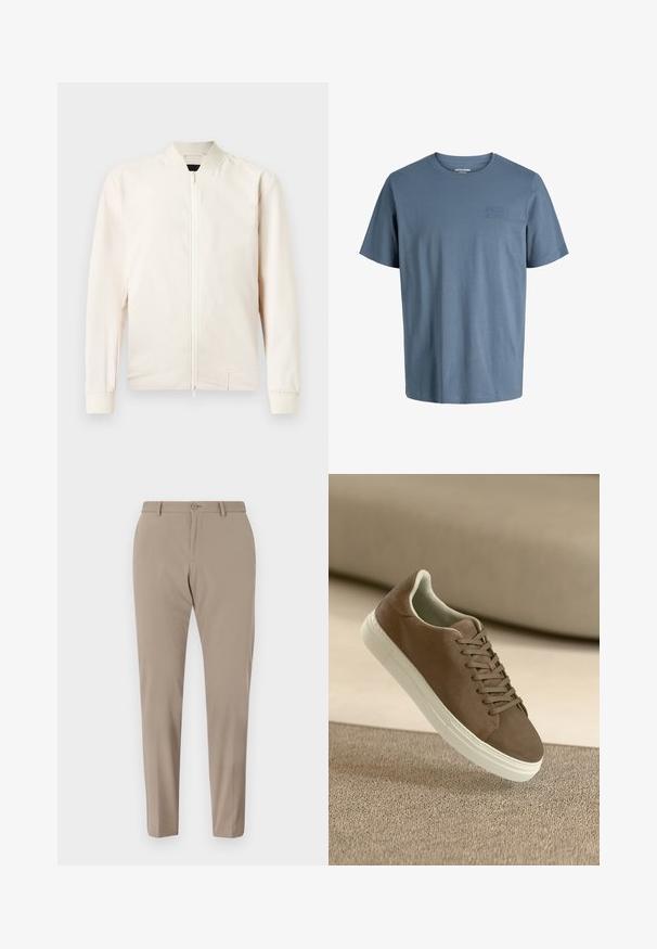 Vaaleanbeige pommijakku, jossa on vetoketjukiinnitys, ribbireunainen kaulus ja hihansuut, valmistettu sileästä, kevyestä kankaasta. Sisältää sivutaskut ja minimalistisen muotoilun.; Jack & Jones JJECORP LOGO TEE SS O-NECK NOOS - T-paita - blue mirage; Beige tailored trousers with a smooth texture, slim fit, and front button closure. No visible patterns or embellishments.; Ruskeat mokkakangaslenkkarit, joissa on sileä pinta, nauhat ja valkoinen kumipohja. Varustettu pyöreällä varpaalla ja virtaviivaisella muotoilulla.