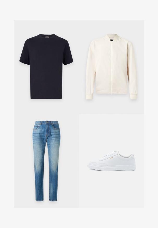 Lichtbeige bomberjack met een rits aan de voorkant, ribgebreide kraag en manchetten, gemaakt van glad, lichtgewicht materiaal. Voorzien van zijzakken en een minimalistisch design.; Navy blauwe katoenen T-shirt met een ronde hals, korte mouwen en een relaxte pasvorm; gladde textuur; geen zichtbare patronen of hardware.; Lichtblauwe denim jeans met een rechte pijp, voorzien van een hoge taille, subtiele vervaging en klassieke vijf-pocket stijl. Metalen knoopsluiting.; Witte leren sneakers met een gladde textuur, ronde neus en tonale stiksels. Voorzien van blauwe veters en een gouden logo op de zijkant.