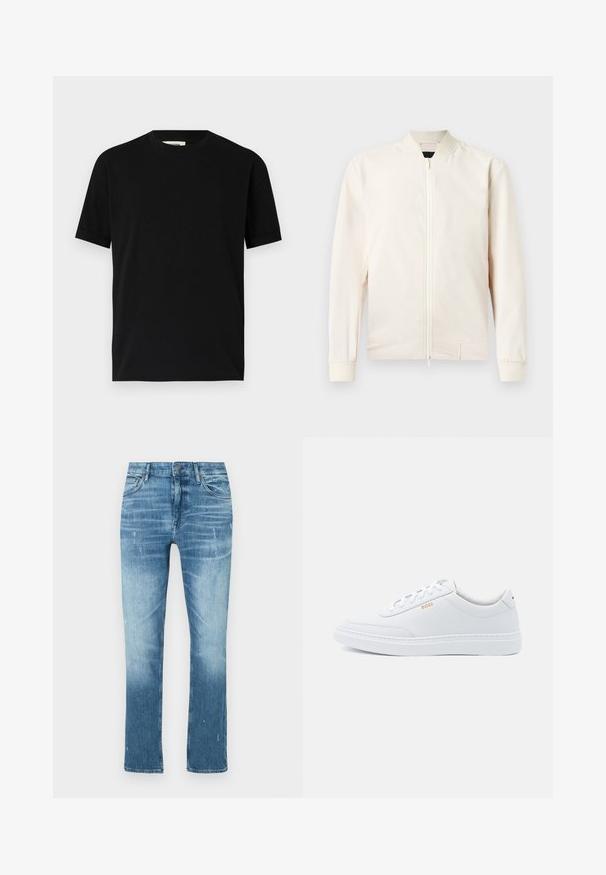 Veste bomber beige clair avec fermeture éclair à l'avant, col et poignets côtelés, fabriquée en tissu lisse et léger. Dotée de poches latérales et d'un design minimaliste.; T-shirt noir à manches courtes en coton avec un col rond et une coupe ample. Texture lisse, sans motifs ni logos visibles.; Jean droit bleu clair en denim, avec une finition délavée, des légères distorsions et un design traditionnel à cinq poches.; Baskets blanches en cuir avec une texture lisse, bout rond et coutures tonales. Possède des lacets bleus et un logo doré sur le côté.