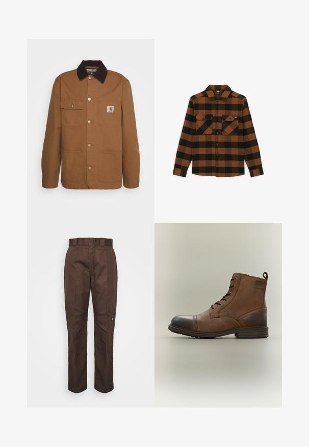 Bruine werkjas gemaakt van duurzaam materiaal met een corduroy kraag, voorzien van vier zakken en metalen knopen aan de voorkant.; Langarmshirt in een oranje en zwart geruit patroon, gemaakt van een gestructureerde stof. Heeft twee borstzakken en een knoopsluiting aan de voorkant.; Bruine, recht lopende broek met een gladde textuur. Heeft een riemlus, zijnaad en een klein merklogo op het linkerbeen.; Bruine leren enkellaars met veters, zwarte neuskap, ronde zool en merkdetail aan de zijkant tegen een effen achtergrond.