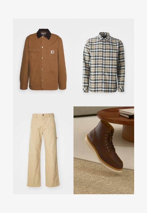 Braune Arbeitsjacke aus robustem Stoff mit einem Cordkragen, ausgestattet mit vier Taschen und Metallknöpfen auf der Vorderseite.; Beige kariertes Hemd mit blauen und schwarzen Karos, Knopfkragen, langen Ärmeln und einer vorderen Knopfverschluss. Der Stoff wirkt strukturiert.; Beigeweite Cargo-Hosen mit Knopfverschluss, ausgestattet mit Seitentaschen, aus strapazierfähigem Baumwollstoff, mit glatter Textur und geradem Schnitt.; Braune Leder-Ankle-Boots mit beiger Sohle auf einem strukturierten beigen Teppich neben einem runden Holztisch mit gestapelten Büchern.