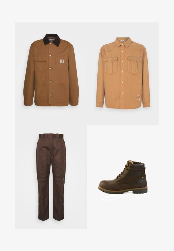 Veste de travail marron en tissu résistant avec un col en velours côtelé, dotée de quatre poches et de boutons en métal sur le devant.; Chemise en denim marron avec deux poches poitrine, col pointu, devant boutonné et coutures contrastées. Présente un patch logo et un détail boucle.; Pantalon marron à jambe droite avec une texture lisse. Présente des passants de ceinture, des coutures latérales et un petit logo de marque sur la jambe gauche.; Botte à lacets montante en cuir marron avec col rembourré, doublure en polaire et semelle à crampons robustes, conçue pour une utilisation en extérieur ou en hiver.