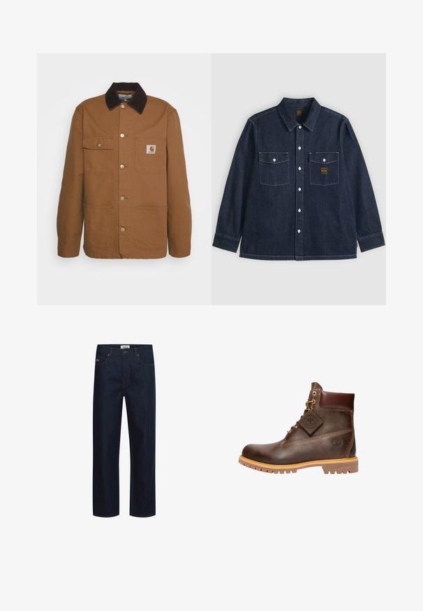 Veste de travail marron en tissu résistant avec un col en velours côtelé, dotée de quatre poches et de boutons en métal sur le devant.; Chemise en jean bleu foncé à manches longues avec fermeture boutonnée au devant, deux poches poitrine avec rabats boutonnés, et coutures blanches visibles.; Jean en denim bleu foncé avec une coupe droite, doté de cinq poches, de coutures contrastées et d'une étiquette de marque sur la ceinture.; Bottine en cuir marron avec un bout rond, une semelle robuste, des éléments en doré et un dessus texturé. Comprend une étiquette de logo attachée.