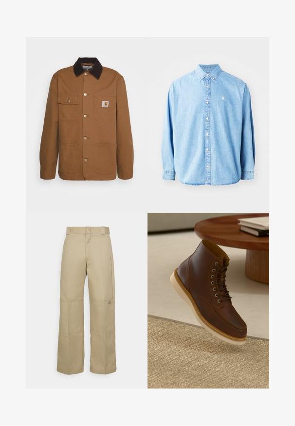 Veste de travail marron en tissu résistant avec un col en velours côtelé, dotée de quatre poches et de boutons en métal sur le devant.; Chemise en denim bleu clair à boutons avec manches longues, col pointu et petit logo sur la poitrine gauche. Offre une coupe décontractée et un design classique.; Pantalons larges beiges en tissu résistant, dotés d'une taille haute, de coutures visibles et d'un petit logo sur le côté.; Bottine en cuir marron avec semelle beige sur un tapis beige texturé à côté d'une table ronde en bois avec des livres empilés.
