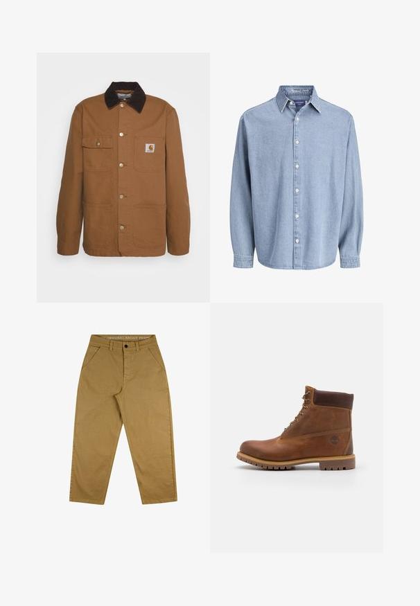 Veste de travail marron en tissu résistant avec un col en velours côtelé, dotée de quatre poches et de boutons en métal sur le devant.; Chemise en denim bleu clair à manches longues avec col et boutons blancs, présentée sur un fond blanc uni.; Pantalons baggy beiges en coton durable. Dotés d'une fermeture à bouton, d'un design à cinq poches et d'une étiquette sur la taille avec du texte.; Botte de randonnée en cuir marron avec une finition lisse, cheville rembourrée, œillets en métal et semelle en caoutchouc dotée d'un motif de crampons robuste.