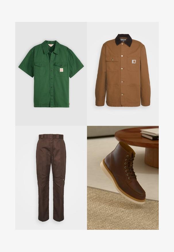 Chaqueta de trabajo marrón hecha de un tejido duradero con un cuello de pana, que cuenta con cuatro bolsillos y botones de metal en el frente.; Camisa de algodón verde de manga corta con botones en la parte delantera, dos bolsillos en el pecho y una pequeña etiqueta en el bolsillo izquierdo. Sencilla, sin patrones.; Pantalones marrones de pierna recta con una textura suave. Presenta un lazo para cinturón, costuras laterales y un pequeño logo de la marca en la pierna izquierda.; Botín de cuero marrón con suela beige sobre una alfombra beige texturizada al lado de una mesa redonda de madera con libros apilados.
