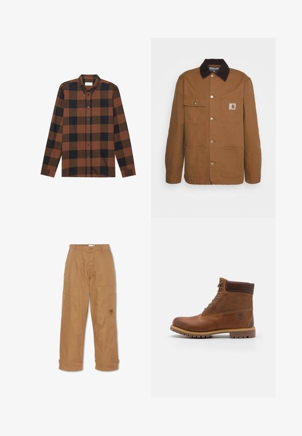 Veste de travail marron en tissu résistant avec un col en velours côtelé, dotée de quatre poches et de boutons en métal sur le devant.; Chemise à manches longues à carreaux marron et noir en tissu, avec un col à rabat et une patte de boutonnage ; présente des manches à poignets.; Pantalons de travail khaki, fabriqués en tissu durable, dotés de plusieurs poches, d'une fermeture à bouton et d'un logo brodé sur la cuisse.; Botte de randonnée en cuir marron avec une finition lisse, cheville rembourrée, œillets en métal et semelle en caoutchouc dotée d'un motif de crampons robuste.