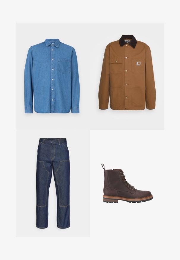 Bruine werkjas gemaakt van duurzaam materiaal met een corduroy kraag, voorzien van vier zakken en metalen knopen aan de voorkant.; Denim overhemd, lichtblauw, lange mouwen, knoopsluiting aan de voorkant, kraag, enkele borstzak, rechte zoom, subtiele textuur, casual ontwerp.; Donkerblauwe denim jeans met een hoge taille, rechte pijpen, contrasterende stiksels en opgestikte zakken aan de voorkant.; Bruine leren veterschoenen tot boven de enkel met een gestructureerde afwerking, contrasterende beige zolen en metalen veteroogjes. Voorzien van een trekkoordje voor gemakkelijk aan- en uittrekken.