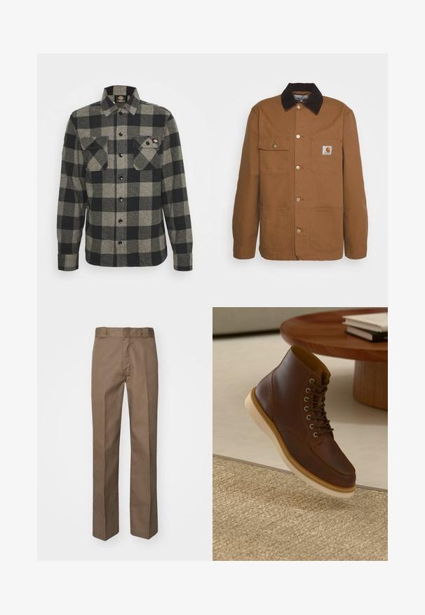 Bruine werkjas gemaakt van duurzaam materiaal met een corduroy kraag, voorzien van vier zakken en metalen knopen aan de voorkant.; Zwart en grijs geblokt flanellen shirt met lange mouwen, knoopsluiting aan de voorkant, twee borstzakken en een licht gebogen zoom. Gegarneerde stof.; Brown trousers met een vlakke voorkant, rechte pijpen en een klassieke tailleband. Gemaakt van duurzame stof, zonder zichtbare patronen of versieringen.; Bruine leren enkelboot met beige zool op een gestructureerd beige vloerkleed naast een ronde houten tafel met opgestapelde boeken.