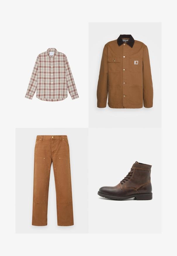 Veste de travail marron en tissu résistant avec un col en velours côtelé, dotée de quatre poches et de boutons en métal sur le devant.; Chemise à carreaux beige avec des accents rouges et marines, manches longues, col et une seule poche poitrine. Fabriquée dans un tissu léger.; Pantalon marron à jambes droites avec poches plaquées à l'avant, détails à rivets, passants pour ceinture et fermeture par bouton à la taille.; Jack & Jones JFWDELANEY BOOT - Bottines à lacets - cognac