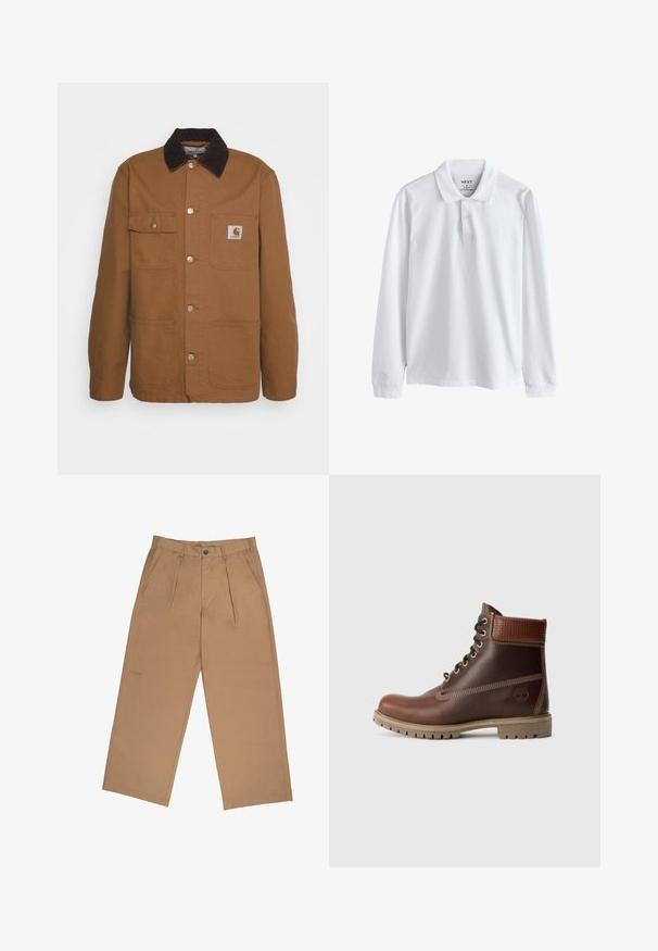 Veste de travail marron en tissu résistant avec un col en velours côtelé, dotée de quatre poches et de boutons en métal sur le devant.; Polo blanc manches longues slim-fit avec col et patte à deux boutons, taille M, fabriqué au Bangladesh par la marque NEXT.; Pantalons beige en tissu à la texture lisse, avec des plis, une fermeture à bouton et un logo brodé près de l'ourlet.; Bottine en cuir marron à lacets, avec un col rembourré, des coutures contrastées et une semelle robuste, vue de l'extérieur sur un fond blanc.