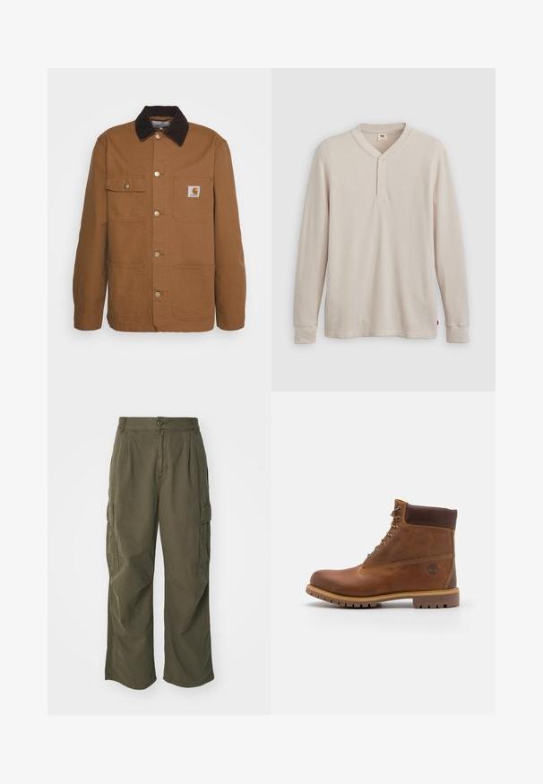 Chaqueta de trabajo marrón hecha de un tejido duradero con un cuello de pana, que cuenta con cuatro bolsillos y botones de metal en el frente.; Camisa tipo henley de manga larga en tejido acanalado color beige claro, con escote en V,tapeta de tres botones, y mangas con puños. Etiqueta de logo roja en el dobladillo.; Pantalones cargo en verde oliva, fabricados en algodón, con un diseño de pierna ancha, pliegues y bolsillos laterales para mayor utilidad.; Botas de senderismo de cuero marrón con un acabado suave, tobillo acolchado, ojales de metal y suela de goma con un patrón de tracción robusto.
