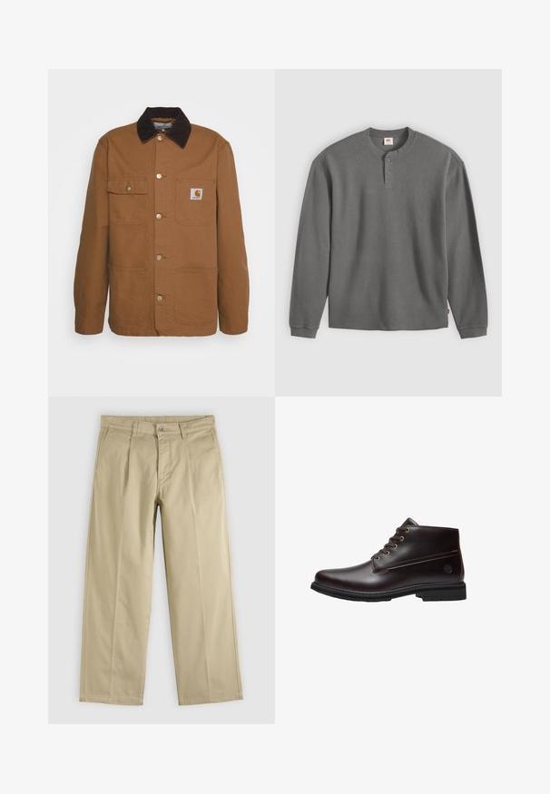 Veste de travail marron en tissu résistant avec un col en velours côtelé, dotée de quatre poches et de boutons en métal sur le devant.; T-shirt henley gris à manches longues en maille gaufrée, avec deux boutons et poignets côtelés, posé à plat sur un fond clair.; Pantalon beige droit avec plis sur le devant, passants pour ceinture, poches latérales et fermeture par bouton à la taille.; Bottine en cuir marron foncé à lacets avec semelle noire et logo discret de la marque sur le côté, présentée de profil sur fond blanc.