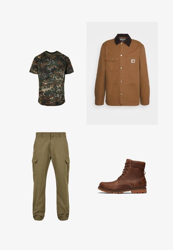 Chaqueta de trabajo marrón hecha de un tejido duradero con un cuello de pana, que cuenta con cuatro bolsillos y botones de metal en el frente.; Camiseta de camuflaje hecha de algodón, con un estampado multicolor en verde, marrón y negro. Cuello redondo y mangas cortas.; Pantalones cargo verdes con corte recto, de material de algodón, bolsillos laterales y cierre de botón para mayor funcionalidad. Textura suave, diseño casual.; Botín de cuero marrón hasta el tobillo con diseño de cordones, cuello acolchado, costuras en contraste y suela de goma con un patrón de textura.