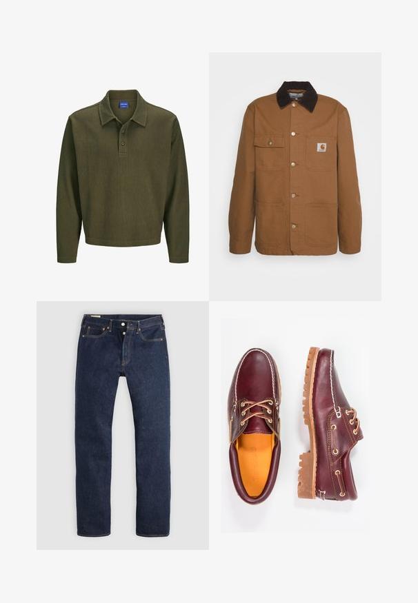 Bruine werkjas gemaakt van duurzaam materiaal met een corduroy kraag, voorzien van vier zakken en metalen knopen aan de voorkant.; Olijfgroen polo shirt met lange mouwen, gemaakt van gestructureerde stof. Heeft een kraag, een drieknoopsluiting en een ontspannen pasvorm.; Donkerblauwe recht gesneden spijkerbroek met knoopsluiting, voor- en achterzakken en contrasterende stiksels, plat gelegd op een lichte achtergrond.; Bordeaux leren schoenen met bruine rubberen zolen, ronde neus, witte stiksels en gouden veterogen. Het interieur heeft een gele voering.