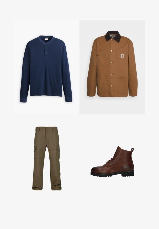 Ruskea työtakki, joka on valmistettu kestävästä kankaasta ja jossa on corduroy-kaulus. Takissa on neljä taskua ja metallinapit edessä.; Pitkähiainen tummansininen henley-paita ribbikankaasta. Ominaisuuksiin kuuluu pyöreä kaula-aukko ja kolme nappia. Hihansuut ovat istutetut.; Laskuhousut tummanoliivinvärisessä sävyssä, joissa on useita taskuja, vahvistettu ommel, suora malli ja sileä tekstuuri.; Ruskean nahkasaappaat, joissa on struktuuroitu pinta, kuusi reikää nauhojen varten, musta kumipohja ja lenkki helppoa pukemista varten.