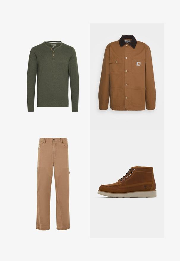Veste de travail marron en tissu résistant avec un col en velours côtelé, dotée de quatre poches et de boutons en métal sur le devant.; Solid SDVOLKO - T-shirt à manches longues - olive; Pantalons cargo marron clair en tissu durable, dotés de plusieurs poches, d'une coupe droite et de renforts au niveau des genoux.; Bottes en cuir brun mi-hautes avec un bout rond, lacets noirs et une surface texturée. Présentent une semelle de couleur claire et un détail de logo d'arbre.