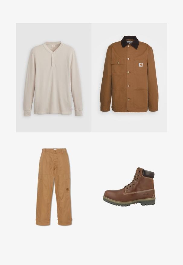Bruine werkjas gemaakt van duurzaam materiaal met een corduroy kraag, voorzien van vier zakken en metalen knopen aan de voorkant.; Lange mouwen henley-shirt in lichtbeige ribbelstof, met een V-hals, een drieknoopsluiting en manchetten. Rode logo-label aan de onderkant.; Khaki werkbroek, gemaakt van duurzaam materiaal, heeft meerdere zakken, een knoopsluiting en een geborduurd logo op de dij.; Bruine leren enkellaars met een afgeronde neus, gevoerde kraag, witte stiksels en een rubberen buitenzool met een gripprofiel.
