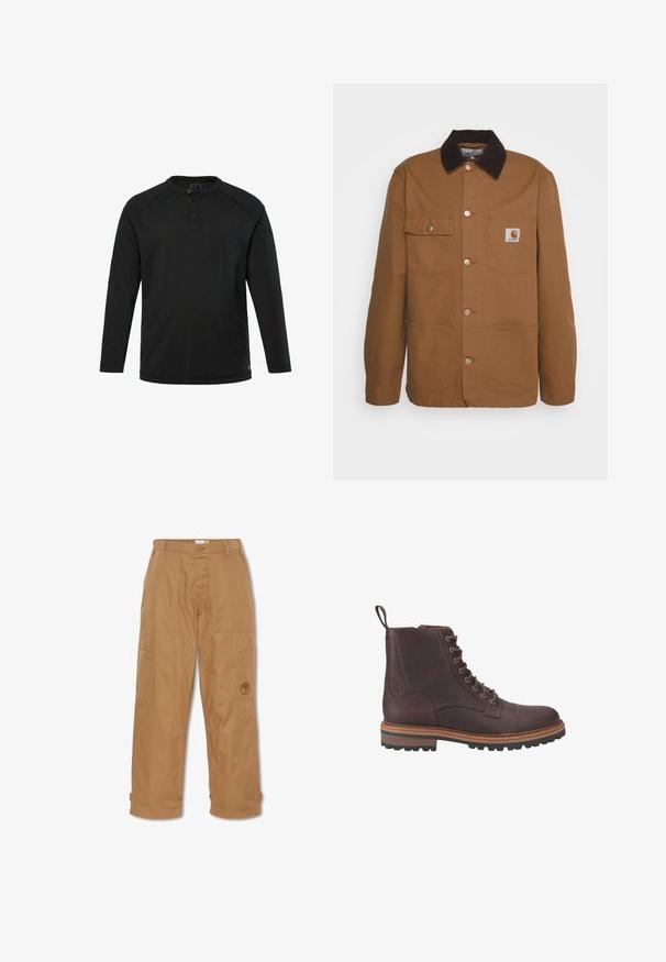 Bruine werkjas gemaakt van duurzaam materiaal met een corduroy kraag, voorzien van vier zakken en metalen knopen aan de voorkant.; Zwarte lange mouw Henley-shirt met drie knopen en een ronde hals, eenvoudig design en rechte zoom.; Khaki werkbroek, gemaakt van duurzaam materiaal, heeft meerdere zakken, een knoopsluiting en een geborduurd logo op de dij.; Bruine leren veterschoenen tot boven de enkel met een gestructureerde afwerking, contrasterende beige zolen en metalen veteroogjes. Voorzien van een trekkoordje voor gemakkelijk aan- en uittrekken.
