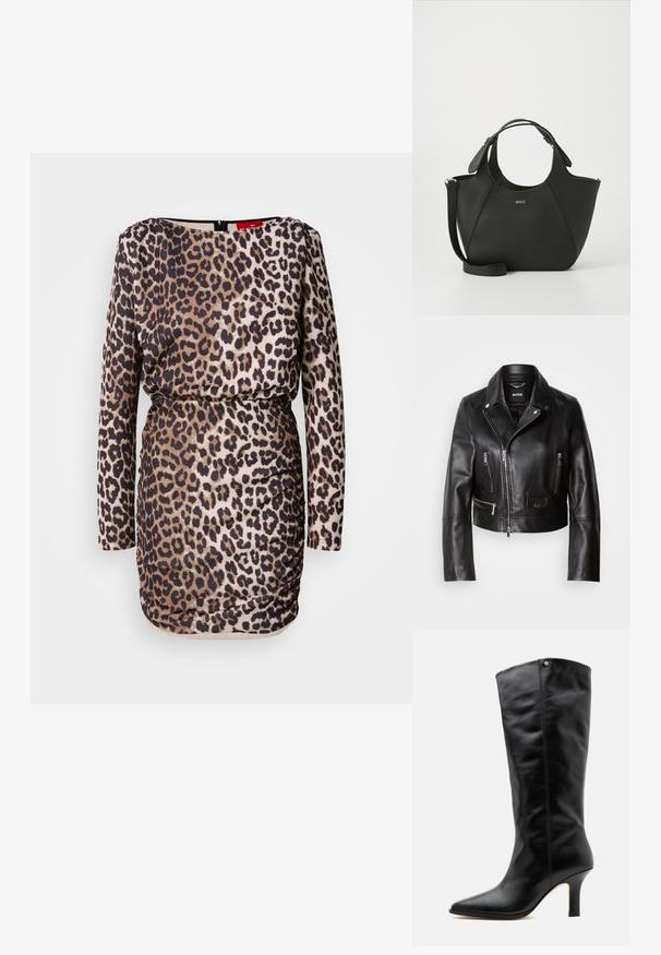 Zwarte leren motorjack met een kraag, ritssluitingen aan de voorkant en meerdere zakken. Stijlvol, modern ontwerp dat geschikt is voor casual draag.; Leopardprint jurk met lange mouwen, ronde halslijn, geplisseerde details en een aangesloten silhouet. Gemaakt van glad, rekbaar materiaal.; Zwarte leren kuitlaars met spitsen teen en smalle middelhoge hak, voorzien van een klein metalen logo nabij de bovenrand.; Zwarte leren handtas met een gestructureerd oppervlak, gebogen ontwerp, dubbele handgrepen en een afneembare schouderband. Beschikt over een merkimpressie op de voorkant.