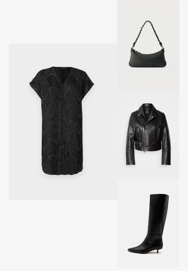 Veste de biker en cuir noir avec un col, fermeture éclair à l'avant et plusieurs poches. Design élégant et moderne adapté à un usage quotidien.; Robe noire avec un décolleté en V et des manches courtes, présentant un design texturé de franges verticales miroitantes dans des motifs ondulés.; Botte noire en cuir jusqu'au genou avec bout pointu et petit talon kitten sur un fond clair uni.; Sac à bandoulière en cuir noir de forme rectangulaire incurvée, avec une chaîne dorée tissée dans la bandoulière noire tressée et une fermeture éclair sur le dessus.