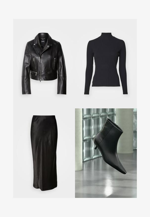 Chaqueta de cuero negro estilo motero con cuello, frente con cremallera y múltiples bolsillos. Diseño moderno y elegante, apto para uso informal.; Top negro de cuello alto con costillas y mangas largas. Fabricado con una tela elástica con forma ajustada y cuello alto. Diseño simple sin adornos.; Falda de satén negra con una textura suave. Diseño de largo hasta el suelo con una cintura ajustada y un ligero vuelo en el dobladillo. Sin patrones visibles ni elementos metálicos.; Botín negro de cuero con punta puntiaguda y tacón bajo estilo kitten, mostrado en ángulo sobre un suelo pulido y con una pared de bloques de vidrio de fondo.