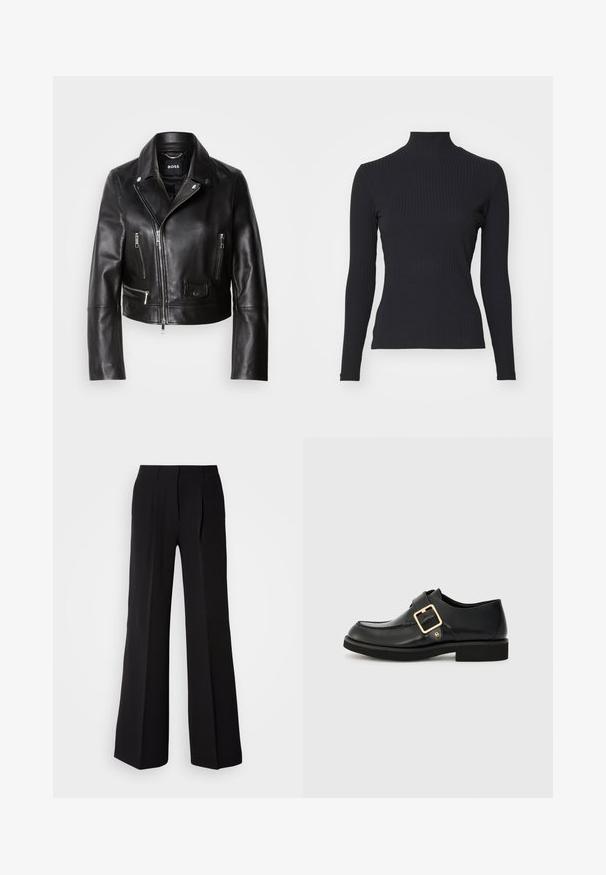 Chaqueta de cuero negro estilo motero con cuello, frente con cremallera y múltiples bolsillos. Diseño moderno y elegante, apto para uso informal.; Top negro de cuello alto con costillas y mangas largas. Fabricado con una tela elástica con forma ajustada y cuello alto. Diseño simple sin adornos.; Pantalones negros de tejido suave, con cintura alta, silueta de pierna ancha y dos pliegues frontales para añadir detalle de diseño.; Zapato de cuero negro con punta redonda, que cuenta con una hebilla dorada y una suela de goma plana. Textura suave con detalles de costura sutil.