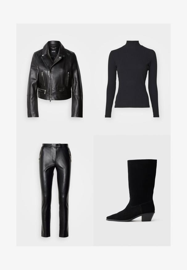 Schwarze Lederbikerjacke mit Kragen, Reißverschluss vorne und mehreren Taschen. Stylisches, modernes Design, das sich für die Freizeit eignet.; Schwarzes, geripptes Rollkragenoberteil mit langen Ärmeln. Aus dehnbarem Stoff mit figurbetonter Passform und hohem Kragen. Einfaches Design ohne Verzierungen.; Schwarze Lederhosen im Slim-Fit-Stil mit einem Reißverschluss vorne, Knopfverschluss und Knopfdetails an den Seiten. Glatte Textur.; Schwarze Wildleder Stiefelette mit spitzer Zehe, mittelhohem Schaft und einem chunky Absatz. Verfügt über minimale Nähte und eine glatte Textur.