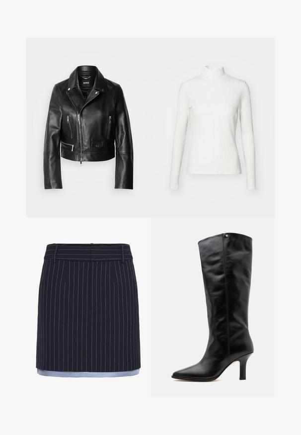 Veste de biker en cuir noir avec un col, fermeture éclair à l'avant et plusieurs poches. Design élégant et moderne adapté à un usage quotidien.; Haut col roulé blanc à côtes avec des manches longues, fabriqué en tissu extensible. Présente un design ajusté et un encolure haute pour plus de couverture.; Jupe bleu marine à rayures, avec une coupe droite, mettant en valeur des accents bleu clair au niveau de l'ourlet, fabriquée dans un tissu texturé et dotée d'une ceinture large.; Botte en cuir noire mi-mollet avec bout pointu et talon moyen fin, avec un petit logo métallique près du bord supérieur.