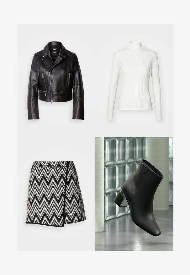Veste de biker en cuir noir avec un col, fermeture éclair à l'avant et plusieurs poches. Design élégant et moderne adapté à un usage quotidien.; Haut col roulé blanc à côtes avec des manches longues, fabriqué en tissu extensible. Présente un design ajusté et un encolure haute pour plus de couverture.; Jupe à motif zigzag noir et blanc avec un design portefeuille, dotée d'un tissu texturé, finie par un ourlet noir uni le long des bords.; Bottine en cuir noir à talon bloc, logo DKNY près du haut, exposée devant un mur en blocs de verre et un sol en béton poli.