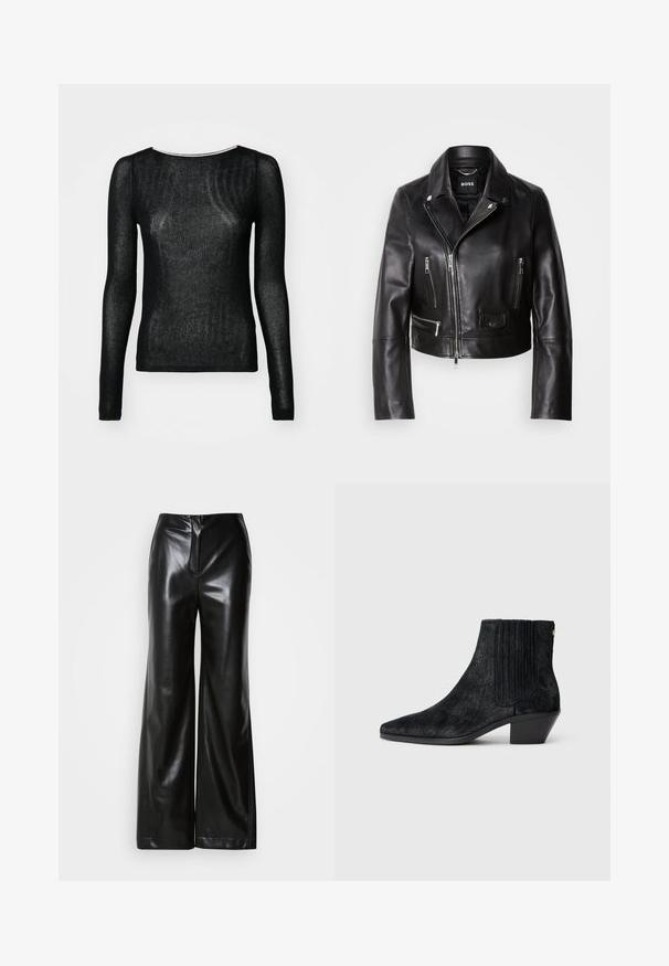 Chaqueta de cuero negro estilo motero con cuello, frente con cremallera y múltiples bolsillos. Diseño moderno y elegante, apto para uso informal.; Top negro de manga larga hecho de una tela sheer y con canalé. Presenta un escote redondo y un diseño ajustado, con una textura suave y un minimalismo en los detalles.; Pantalones de piel negros de pierna ancha con textura suave, cintura alta y cierre frontal oculto. Ajuste entallado con un acabado limpio.; Botín negro hasta el tobillo con punta afilada, material texturizado similar al pelo, panel lateral acanalado y un tacón bajo y cuadrado. Diseño simple y moderno.