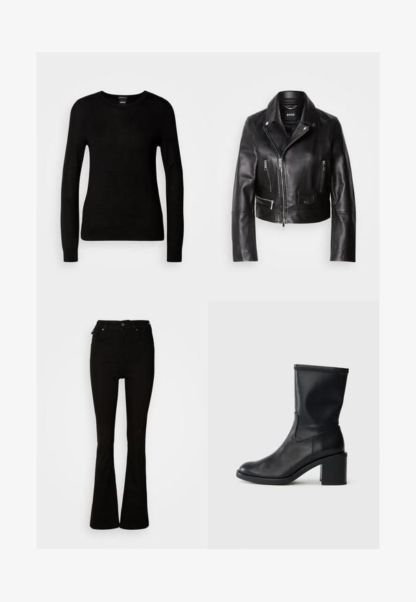 Chaqueta de cuero negro estilo motero con cuello, frente con cremallera y múltiples bolsillos. Diseño moderno y elegante, apto para uso informal.; Suéter negro confeccionado en un material de punto fino, con cuello redondo y mangas largas con puños ajustados. Sin patrones ni adornos visibles.; Jeans acampanados negros de denim, con una cintura alta, bolsillos frontales y un diseño clásico de cinco bolsillos con acentos de metal.; Botín negro de cuero hasta el tobillo con punta redonda, textura suave y tacón grueso, que presenta un eje ajustado y un sutil detalle de costura.