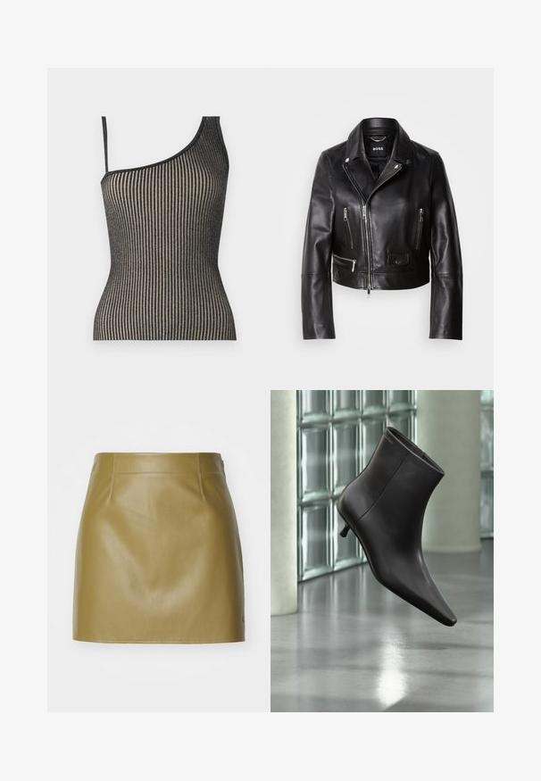 Chaqueta de cuero negro estilo motero con cuello, frente con cremallera y múltiples bolsillos. Diseño moderno y elegante, apto para uso informal.; Top asimétrico con diseño de canalé en negro y dorado, con tirantes finos, que presenta una forma ajustada y un brillo sutil.; Mini falda de cuero verde oliva con una textura suave, que presenta dos costuras frontales y un corte recto, terminada con detalles de costura minimalistas.; Bota de cuero negro para el tobillo con puntera puntiaguda y tacón pequeño, exhibida frente a una pared de bloques de vidrio y un suelo pulido.