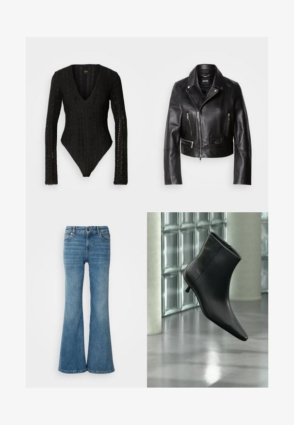 Zwarte leren motorjack met een kraag, ritssluitingen aan de voorkant en meerdere zakken. Stijlvol, modern ontwerp dat geschikt is voor casual draag.; Zwarte body met lange mouwen, V-hals, textuur van kant en een slim fit. Bevat ingewikkelde details en gegolfde randen.; Lichtblauwe flare jeans van denim, met vijf zakken, zichtbare stiksels en een knoop- en ritsluiting in de taille.; Zwarte leren enkellaars met spits toelopende neus en lage kittenhak, schuin weergegeven tegen een gepolijste vloer en een glazen blokken muur als achtergrond.