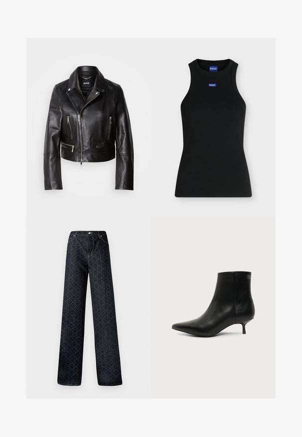 Zwarte leren motorjack met een kraag, ritssluitingen aan de voorkant en meerdere zakken. Stijlvol, modern ontwerp dat geschikt is voor casual draag.; Zwarte mouwloze tanktop met ronde hals en klein blauw Hugo-logo op de borst en aan de binnenkant van de kraag.; Donkerblauwe wijde spijkerbroek met een geometrisch patroon, gemaakt van denim. Voorzien van metalen knoop, ritssluiting en gestikte voorkruiszakken.; Zwart leren enkellaars met puntige neus en lage kittenhak op lichte achtergrond, zijaanzicht buitenkant.