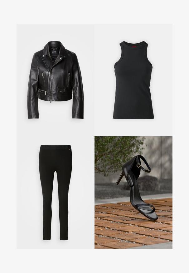 Chaqueta de cuero negro estilo motero con cuello, frente con cremallera y múltiples bolsillos. Diseño moderno y elegante, apto para uso informal.; Camiseta sin mangas negra hecha de una tela elástica. Presenta un cuello redondo y una silueta ajustada con detalles de costura mínimos.; Leggings negros con una textura suave, que cuentan con una cinturilla flexible y sutiles detalles en las costuras. Sin patrones ni elementos de hardware presentes.; Sandalia negra de tacón alto con correa en el tobillo, parece suspendida sobre un suelo de baldosas de madera al aire libre, con un fondo difuminado de vegetación y piedra.