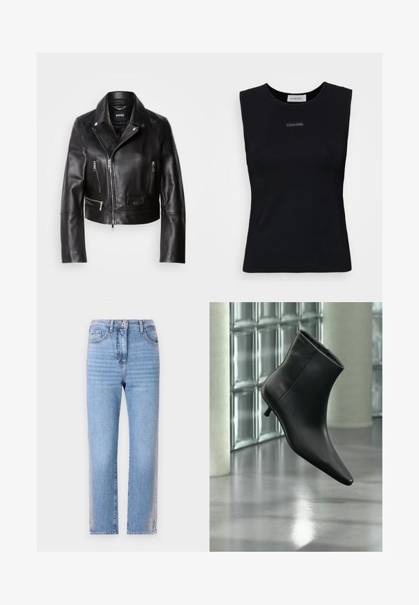 Schwarze Lederbikerjacke mit Kragen, Reißverschluss vorne und mehreren Taschen. Stylisches, modernes Design, das sich für die Freizeit eignet.; Schwarzes ärmelloses Top aus glattem Stoff. Merkmale einen runden Ausschnitt und ein kleines Calvin Klein Logo in der Mitte. Einfaches und figurnahes Design.; Hellblaue Denim-Jeans mit geradem Schnitt, ausgestattet mit einem Knopf- und Reißverschluss, fünf Taschen und leicht verwaschenem Stoff an den Beinen.; Schwarzer Leder-Stiefelette mit spitzer Zehenpartie und niedrigem Kitten-Heel, schräg dargestellt vor einem polierten Boden und einer Glasbausteinwand.
