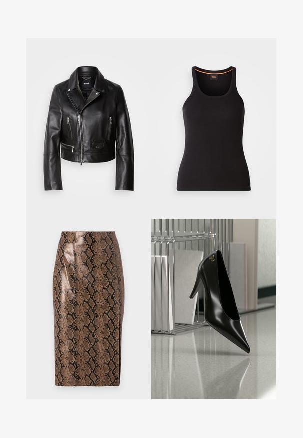 Veste de biker en cuir noir avec un col, fermeture éclair à l'avant et plusieurs poches. Design élégant et moderne adapté à un usage quotidien.; Débardeur noir côtelé avec un col rond. Présente une coupe ajustée et un accent orange au niveau du col. Logo de la marque discrètement brodé à l'avant.; Jupe crayon en imprimé serpent marron avec une finition brillante, présentant un design ajusté et des coutures verticales pour une silhouette élancée.; Chaussure noire à talon haut avec bout pointu et logo doré, posée sur une surface réfléchissante près d'un organiseur de dossiers en fil chromé contenant des documents.
