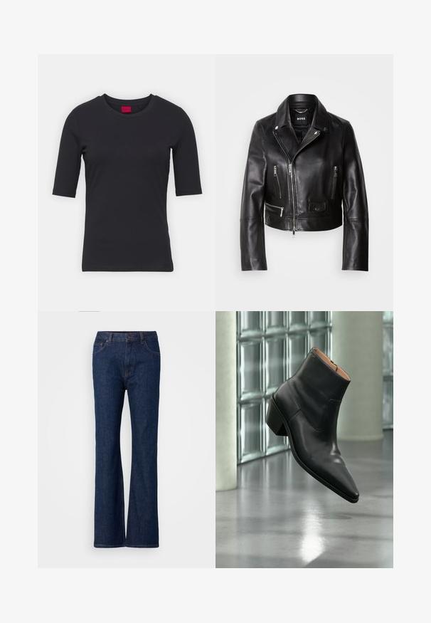 Veste de biker en cuir noir avec un col, fermeture éclair à l'avant et plusieurs poches. Design élégant et moderne adapté à un usage quotidien.; T-shirt noir en coton avec manches courtes, col rond et design minimaliste. Présente une étiquette de marque rouge au niveau du col.; Jean en denim bleu évasé avec taille haute, dotés d'une texture lisse, d'une fermeture à bouton en métal et d'un design à cinq poches.; Bottine en cuir noir avec un bout pointu et un talon carré lévitant au-dessus d'un sol gris réfléchissant près d'un mur en blocs de verre.