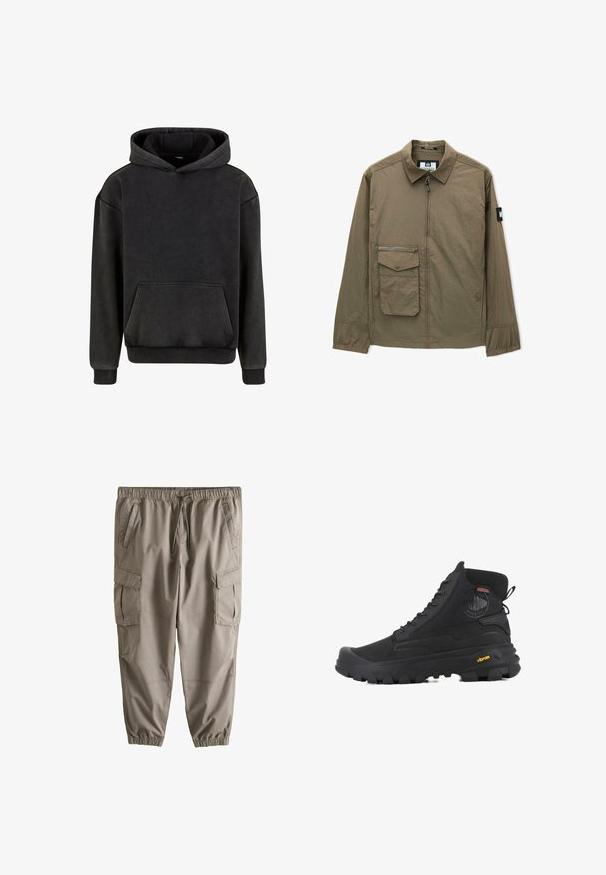 Olivegrüne leichte Jacke mit Reißverschluss, Punktkragen, einer Brusttasche und elastischen Bündchen. Strukturierter Stoff mit einem Gittermuster.; Urban Classics Kapuzenpullover - magnet; Hellbraune Cargohosen mit elastischem Bund, Kordelzug, mehreren Taschen und elastischen Bündchen an den Knöcheln.; Schwarze hohe Stiefel mit strukturierten Oberflächen, ausgestattet mit einem wasserdichten Design, Schnürsystem und einer ausgeprägten Gummisohle mit Vibram-Branding.