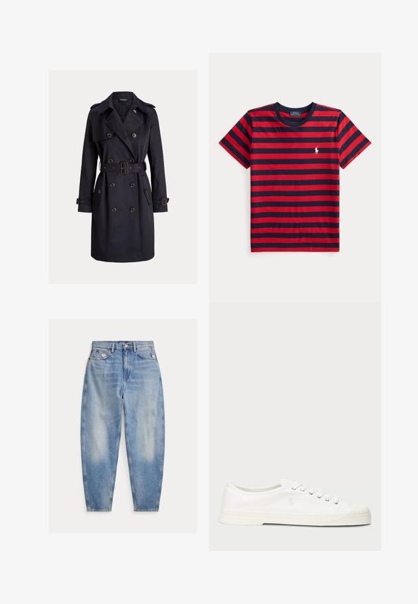 Navyblauwe dubbelgeknoopte trenchcoat met riem, knoopmanchetten, brede revers, schouderepauletten en voorflapzakken.; T-shirt met korte mouwen en een ronde hals met rode en donkerblauwe horizontale strepen en een klein wit Polo Ralph Lauren-logo op de linkerborst.; Lichtblauwe high-waisted spijkerbroek met lichte vervaging en slijtage bij de voorzakken, vijfzakkenstijl en taps toelopende pijpen.; Witte canvas sneaker met een ronde neus, vetersluiting en subtiele logo-detail. Voorzien van een gemêleerde stof en rubberen zool.