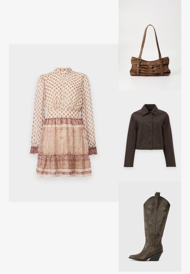 Chaqueta corta marrón con un tejido texturizado, que presenta un collar puntiagudo y cinco botones negros en la parte delantera. Mangas largas para mayor cobertura.; Vestido beige de manga larga con estampados florales y de cachemira marrones, con botones en la parte delantera, cuello alto, cintura ajustada y falda con volantes.; Bota de vaquero de cuero marrón con puntera afilada, tacón en cuña y bordado decorativo. Presenta un caña alta y una lengüeta de agarre.; Even&Odd Bolso de mano - brown