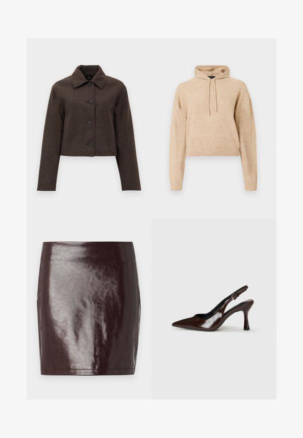 Brun cropped jakke med et tekstureret stof, der har en spids krave og fem sorte knapper foran. Lange ærmer for ekstra dækning.; Beige cropped striktrøje med lange ærmer og snorhætte, præsenteret på en hvid baggrund.; Burgundy faux læder mini-nederdel med en glat, blank tekstur og en tætsiddende silhuet. Har rene linjer og en lige kant.; Brune patenterede læderslingback-sandaletter med spids tå, en tynd hæl og justerbar rem med en lille spænde.