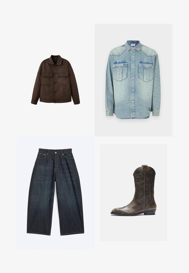 Chaqueta marrón de manga larga con botones, dos bolsillos con solapa en el pecho y cuello puntiagudo, mostrada sobre fondo blanco.; Camisa de denim azul claro con mangas largas, cierre de botones de presión, cuello puntiagudo, dos bolsillos en el pecho y parche de la marca en el costado inferior.; Vaqueros azul oscuro de pierna ancha con bolsillos delanteros, cierre de botones y costuras visibles, colocados planos sobre un fondo blanco.; Bota de cowboy de cuero marrón con un caña alta, puntera puntiaguda, patrones de costura intrincados y un tacón pequeño. Acabado texturizado en toda la bota.