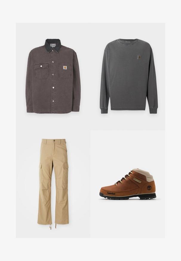 Tričko s dlhým rukávom z tmavosivej bavlny s čiernym denimovým golierom. Má dve vrecká na hrudi a strieborné patentky. Logo Carhartt na vrecku.; Tričko s dlhým rukávom z tmavosivej bavlny. Má okrúhly výstrih, elastické manžety a malú štvorcovú nášivku s logom na ľavej strane hrudníka.; Khaki cargo nohavice vyrobené z odolnej tkaniny, s viacerými bočnými vreckami, s priamym strihom a so stiahnuteľnými šnúrkami na leme.; Hnedé kožené turistické topánky s béžovým golierom, čiernou kaučukovou podrážkou a zlatými očkami. Na boku sa nachádza logo Timberland.