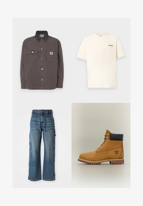 Langärmeliges Hemd aus dunkelgrauer Baumwolle mit einem schwarzen Denim-Kragen. Verfügt über zwei Brusttaschen und silberne Druckknöpfe. Carhartt-Logo auf der Tasche.; Cremefarbenes Baumwoll-T-Shirt mit kurzen Ärmeln, versehen mit einem kleinen schwarzen "Dickies"-Logo auf der linken Brustseite. Einfacher, lockerer Schnitt.; Weite Jeans aus Denim in Hellblau mit einem verwaschenen Finish, hoher Taille, Gürtelschlaufen und seitlichen Taschen. Sichtbare Nähdetails.; Brauner Leder-Stiefelette mit schwarzem Kragen, gelben Schnürsenkeln und hellbrauner Sohle. Verfügt über ein Logo und weiße Ziernähe. Robuste Profilsohle.