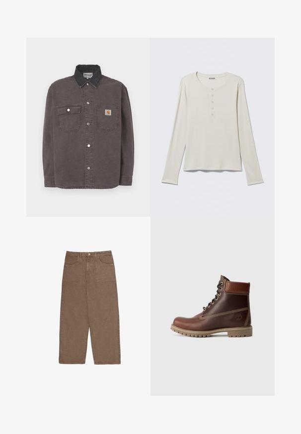 Langærmet skjorte i mørkegrå bomuld med en sort denimkrave. Har to brystlommer og sølvfarvede trykknapper. Carhartt-logo på lommen.; Langærmet cremefarvet henley-shirt med rund halsudskæring og fem-knaps læg, mærket Weekday, lagt fladt på en neutral baggrund.; Brune brede benbukser lavet af bomuld, med to forlommer og knaplukning. Stoffet har en blød tekstur og matt finish.; Brun læder snørebånd ankelstøvle med polstret krave, kontrastsyning og robust sål, vist fra ydersiden på en hvid baggrund.