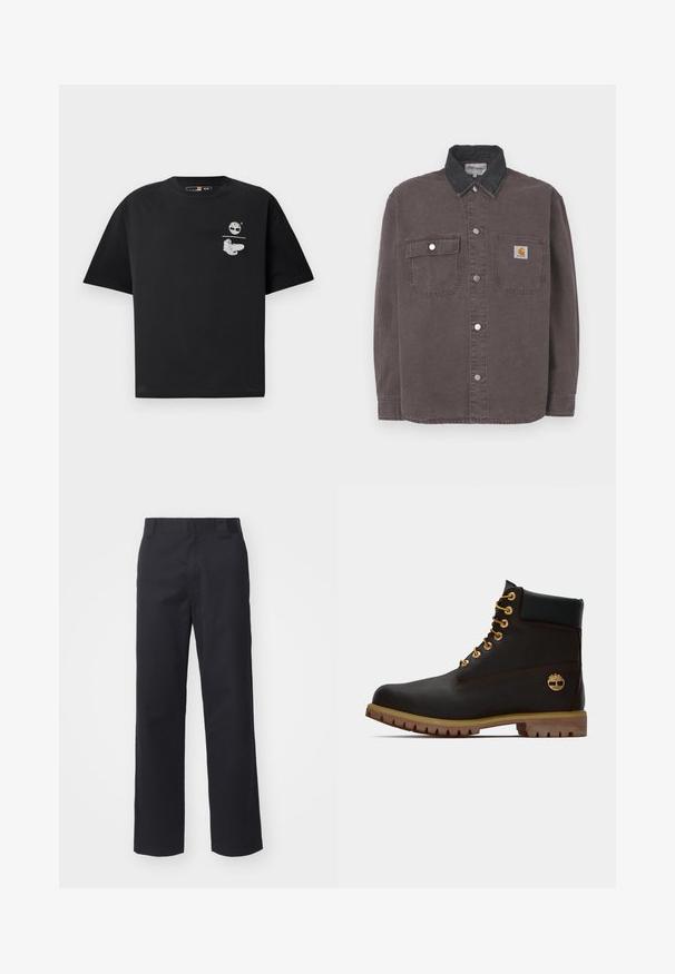 Tričko s dlhým rukávom z tmavosivej bavlny s čiernym denimovým golierom. Má dve vrecká na hrudi a strieborné patentky. Logo Carhartt na vrecku.; Čierne tričko z bavlny s krátkymi rukávmi, s bielym logom a grafickým dizajnom na hrudi. Jednoduchý, voľný strih.; Čierne nohavice s rovnými nohavicami vyrobené z kombinácie bavlny. Majú plochý pás s pútkami na opasok a žiadne viditeľné kovania ani ozdoby.; Čierne kožené členkové topánky so zlatými očkami, hnedými akcentmi a gumovou podrážkou. Majú polstrovaný golier a embosované logo na boku.